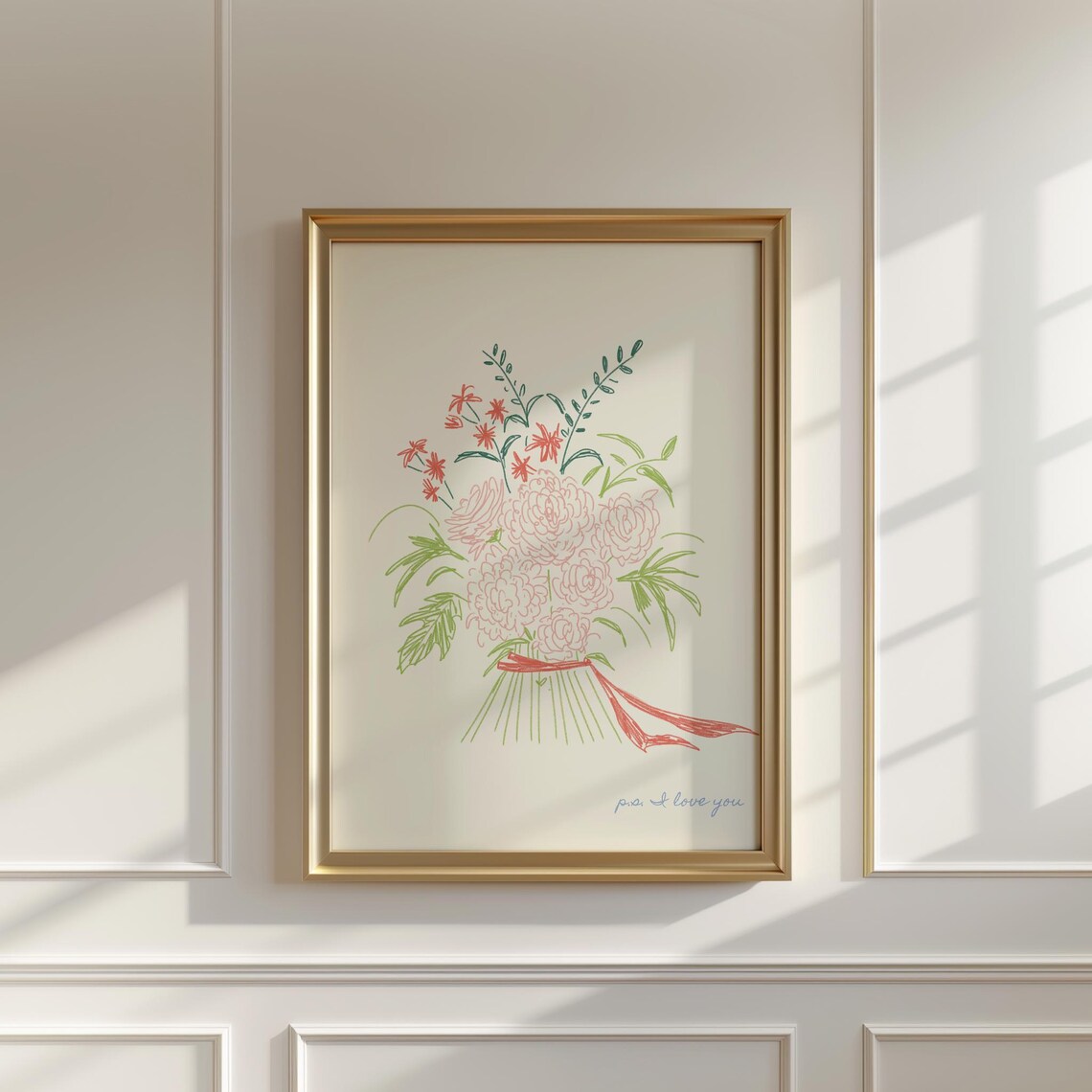 Pink Wildflower Bouquet P.S. I Love You Script Ribbon Wall Art Print - Image 3