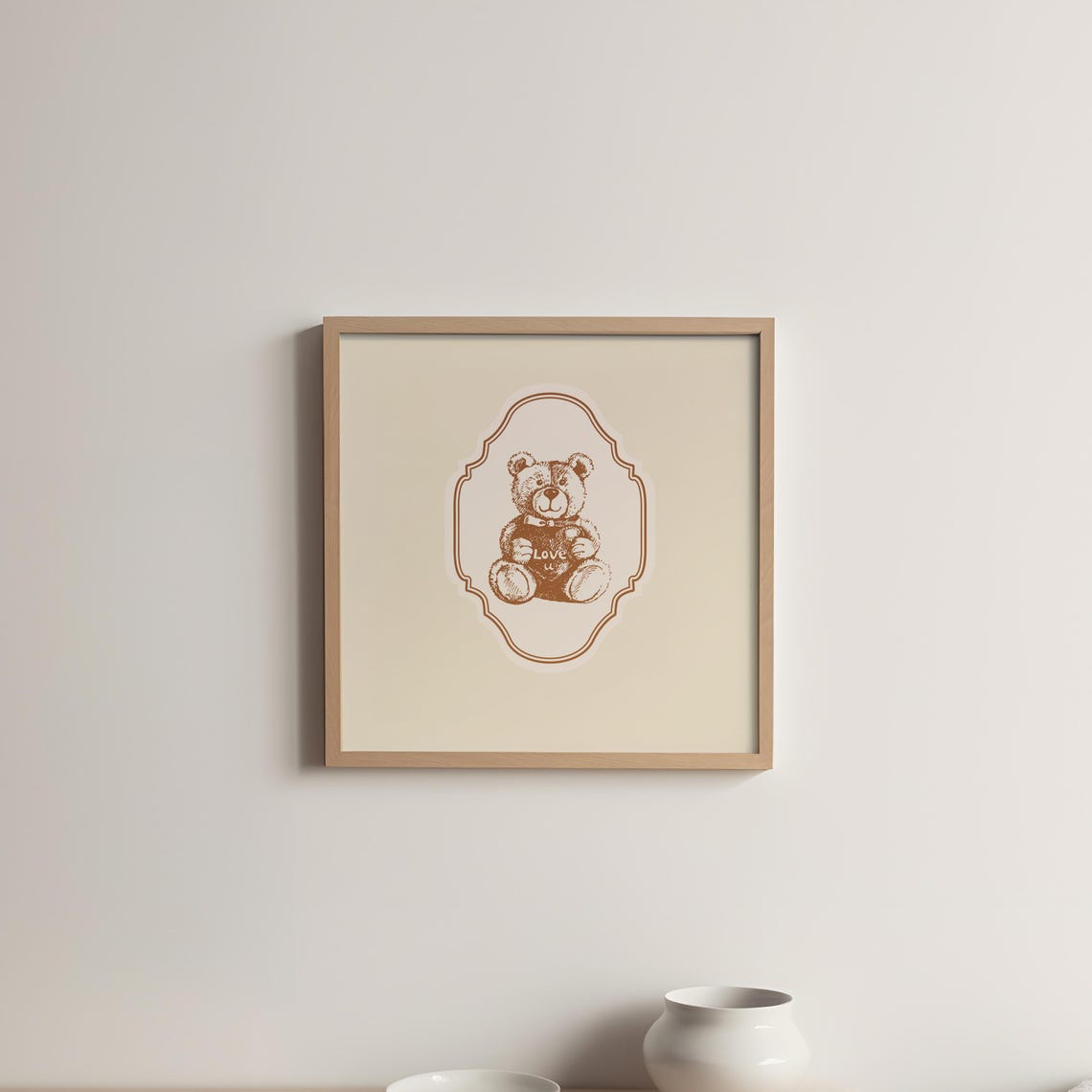 Vintage Love U Teddy Bear Heart Cream Ornate Square Nursery Poster - Image 2
