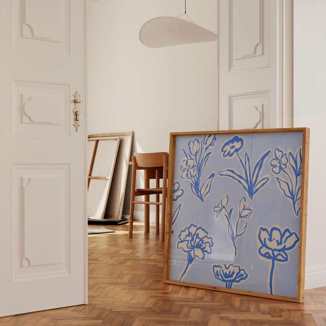 Cobalt Blue Line Art Tulip And Peony Wildflower Pattern Poster - Image 2