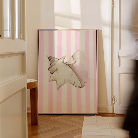 Baby Pink Striped Minimal Conch Shell Art Print Print Wall Art Trendy Decor Coastal Grandmother Cottage Beach House