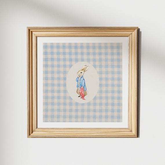 Vintage Gingham Peter Rabbit Print Wall Art Kitchen Living Room Art Blue Thin Line Print Nursery Square Art