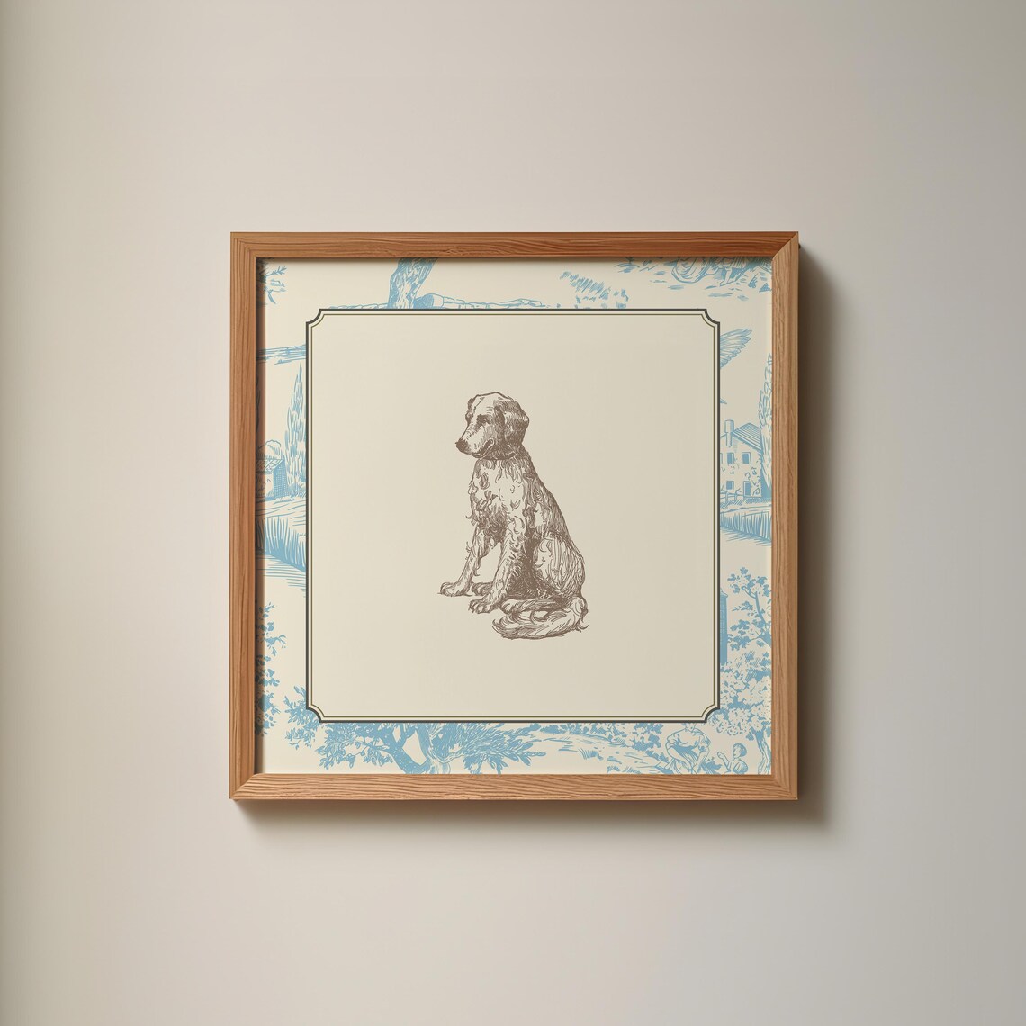 Vintage Blue Toile Sitting Puppy Sketch Cottage Nursery Wall Art Print