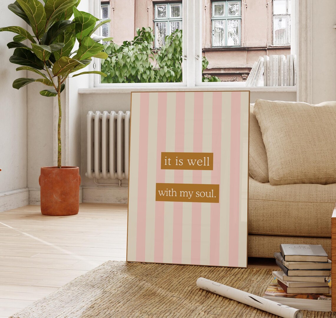 It Is Well With My Soul Pink Striped Gold Quote Nursery Wall Poster - Image 4