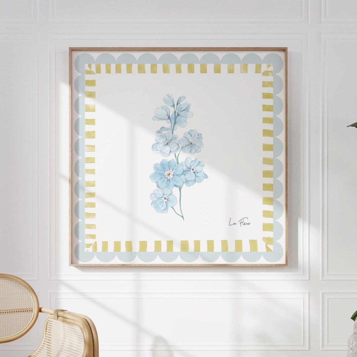 La Fleur Blue Floral Sprig Scalloped Border Watercolor Art Poster - Image 5