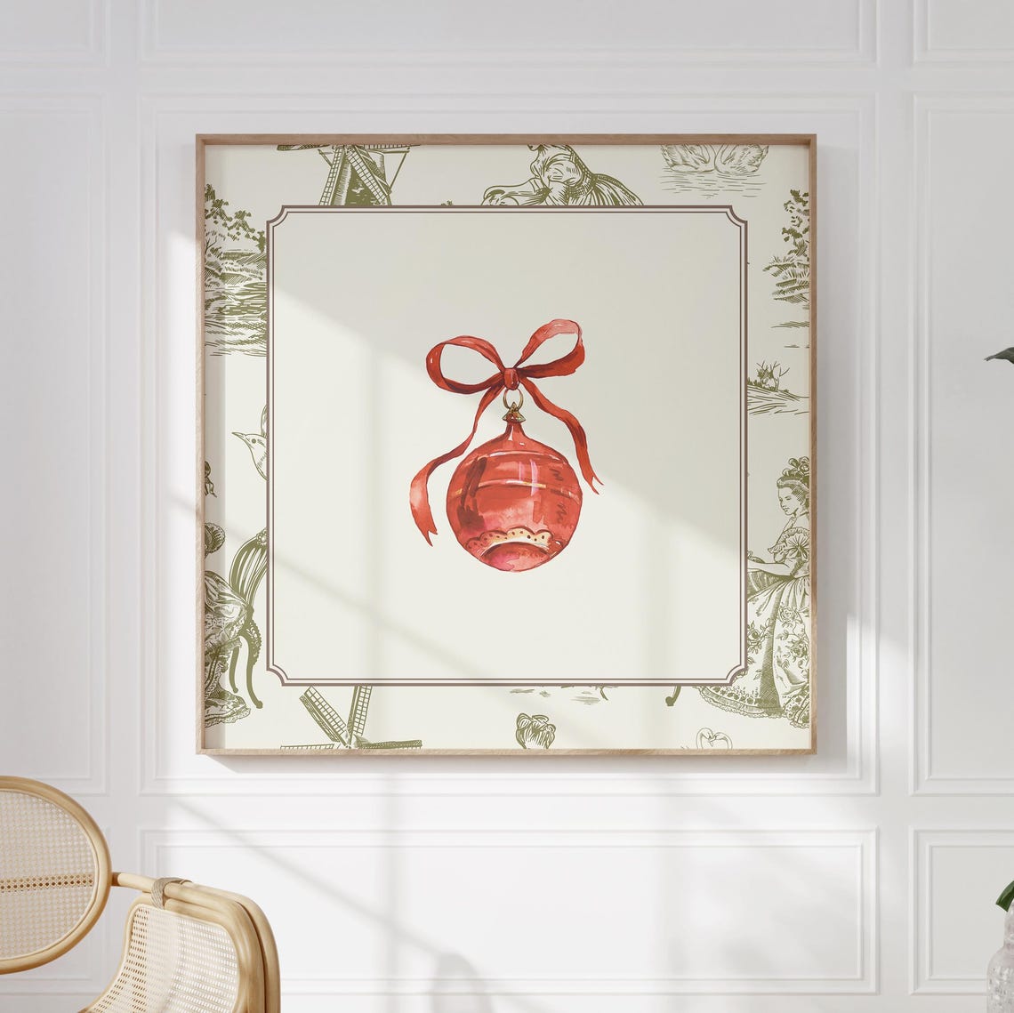 Green Toile Border Red Christmas Bauble Bow Watercolor Holiday Poster - Image 3