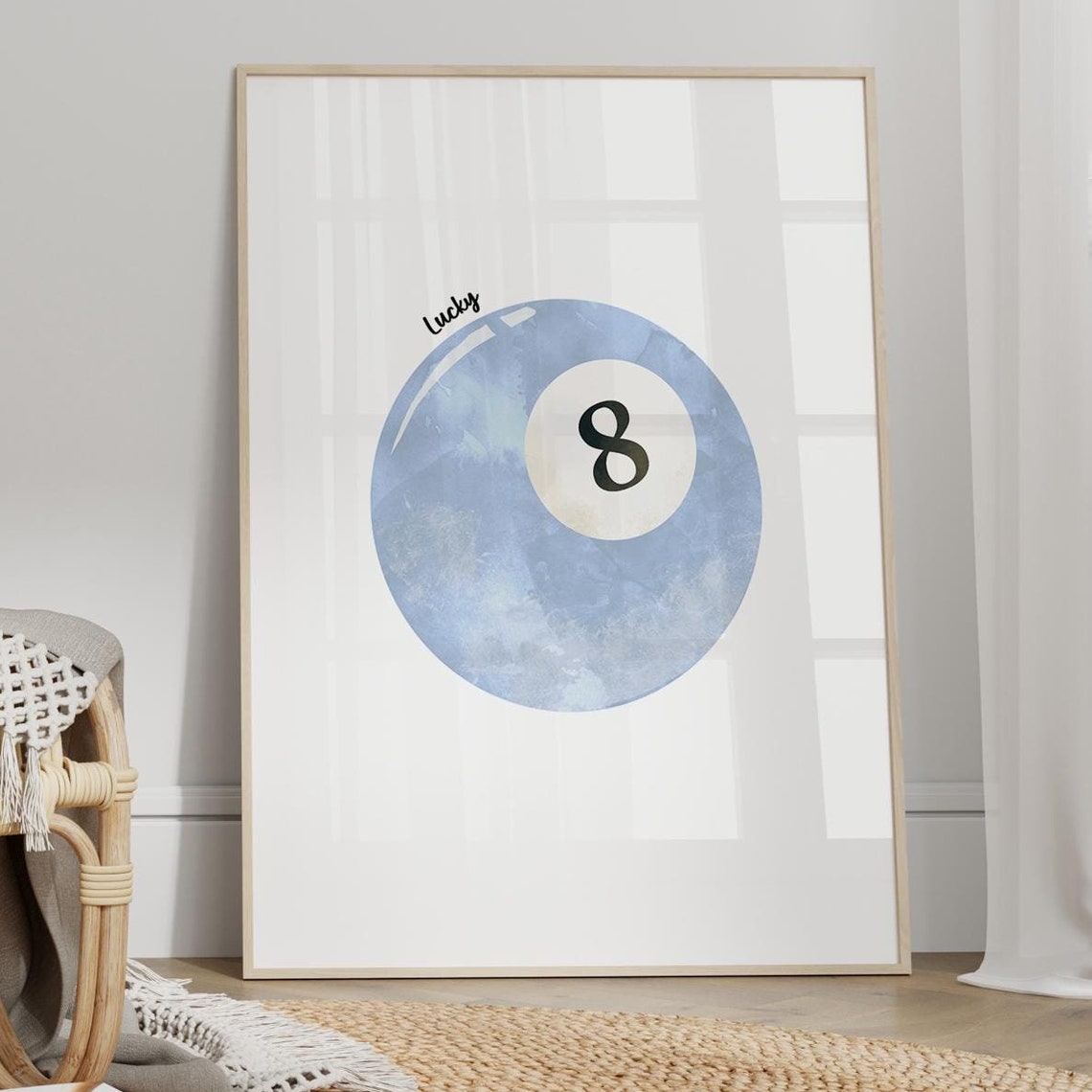 Lucky 8 Ball Blue Watercolor Pool Poster Dorm Room Decor Trendy