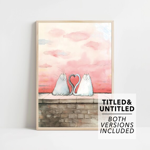 New Yorker Style Two Cats on a Wall Their Tails Forming a Heart Poster