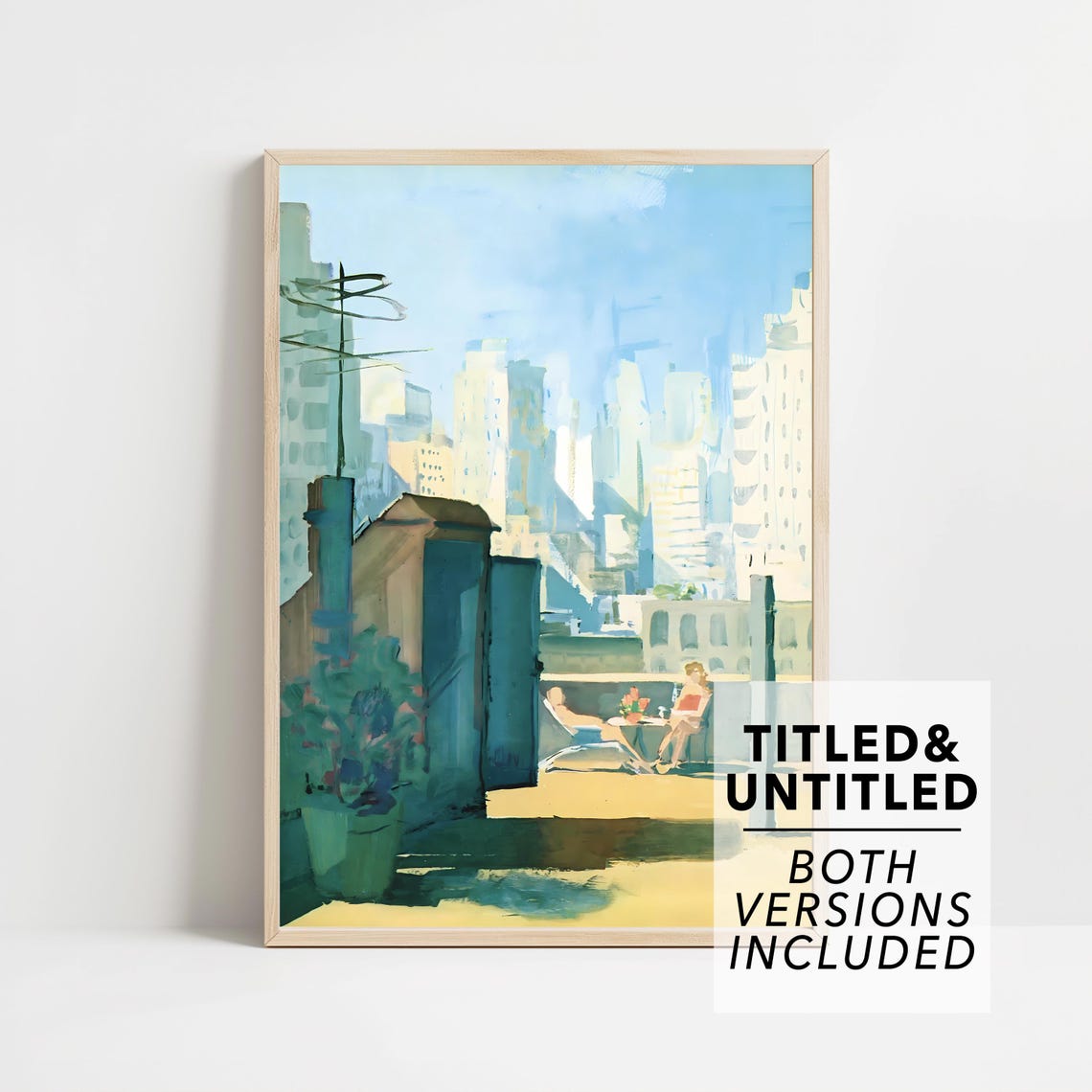 Sunny City Rooftop Terrace Women Relaxing Skyline Art Poster