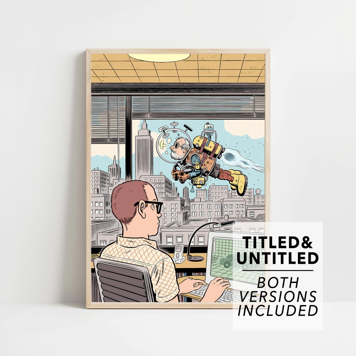 Retro Office Worker Jetpack Flight Humorous City Cartoon Poster