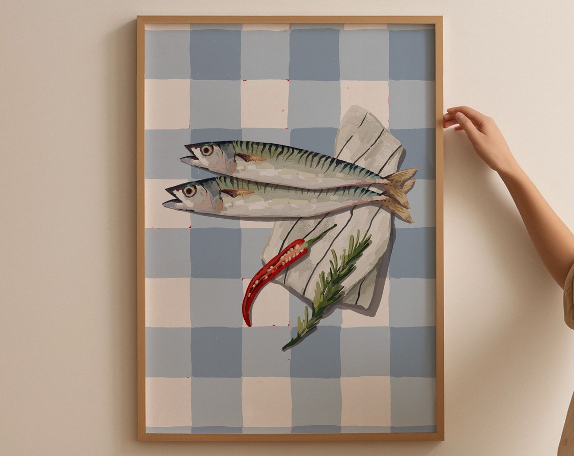 Sardine Pair Italian Kitchen Checkered Blue Retro Food Poster