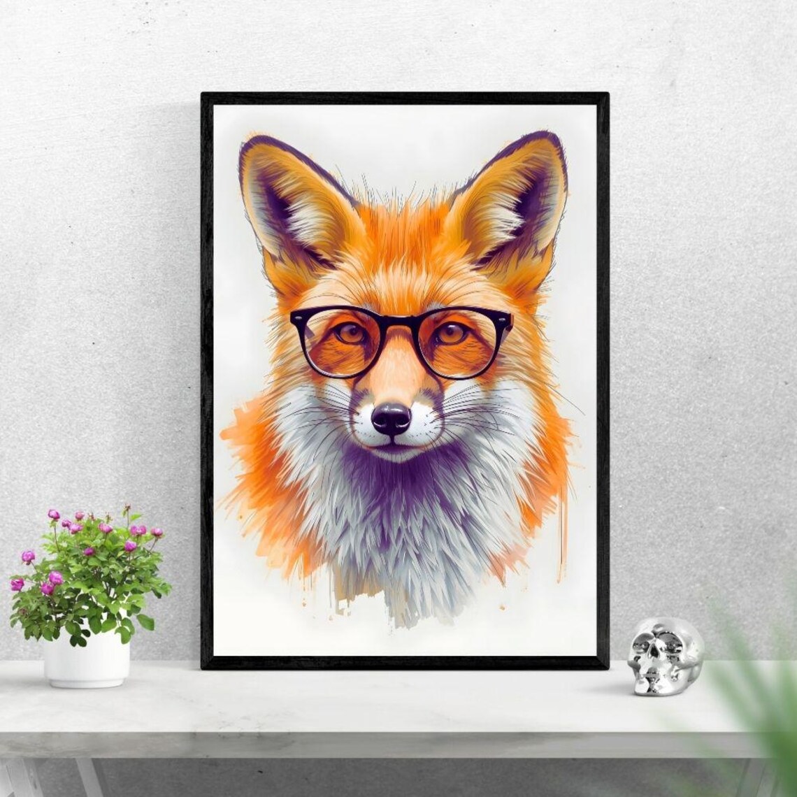 Clever Fox with Black Glasses Illustration Print Modern Animal Room Decor