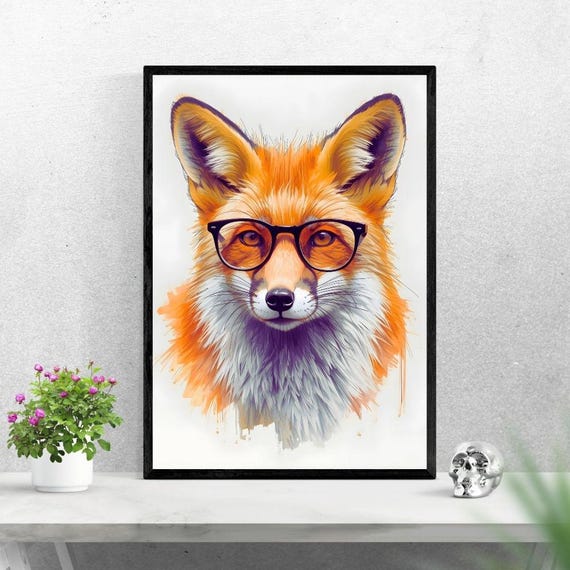 Glasses Fox Illustration Wall Art High Resolution 300 Dpi Modern Decor