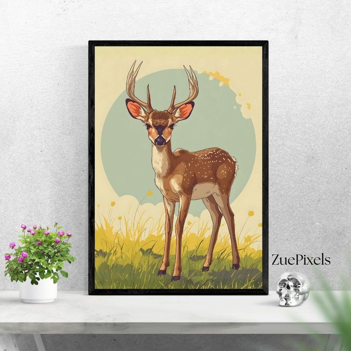Reindeer Illustration Art Print High Resolution 300 Dpi Wall Decor