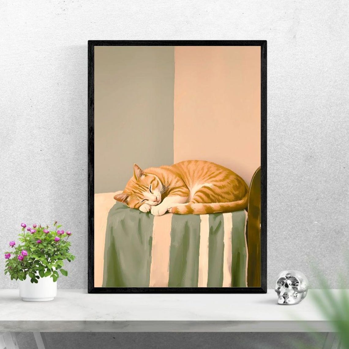 Sleeping Orange Tabby Cat Minimalist Cozy Bedroom Wall Poster