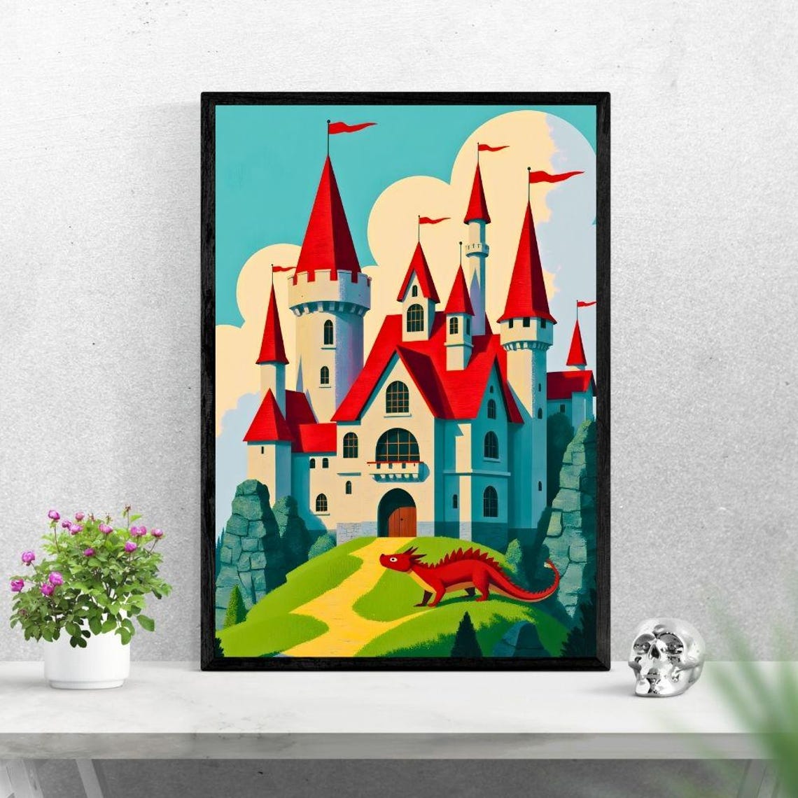 Magical Fairy Tale Castle with Dragon Kids Fantasy Poster Decor