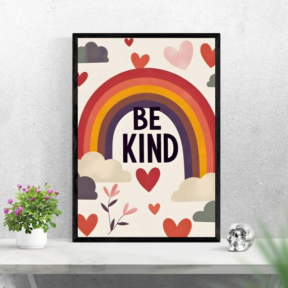 Be Kind Rainbow and Hearts Nursery Print Positive Affirmation Decor