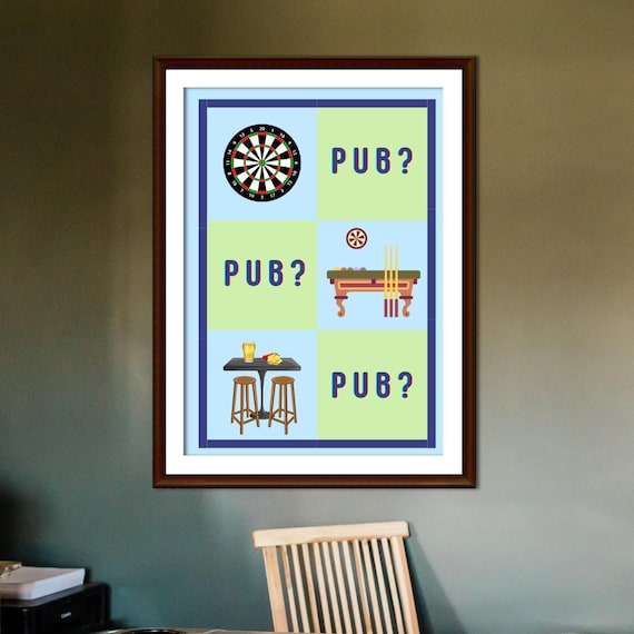 Funny Retro Pub Game Night Darts Pool Table Bar Wall Decor Poster