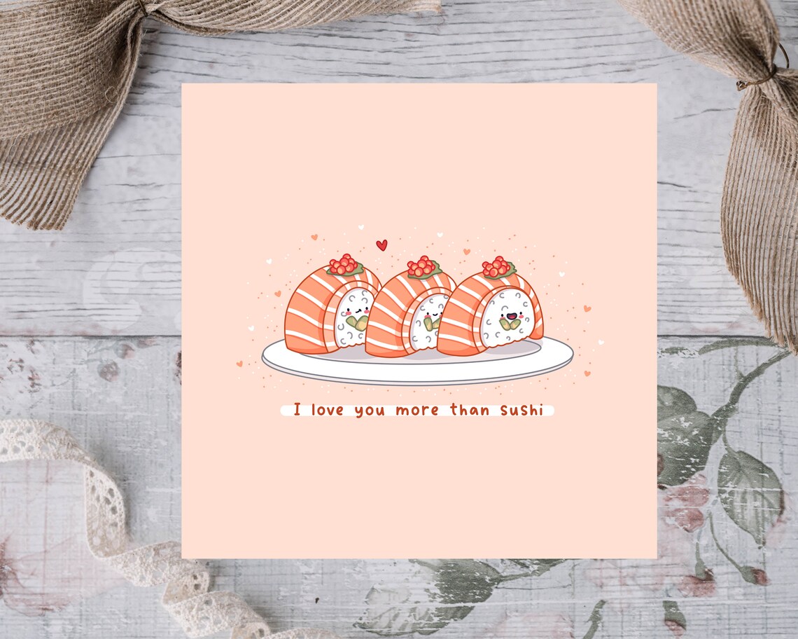 Kawaii Salmon Sushi Trio I Love You More Than Sushi Pun Art Print - Image 2