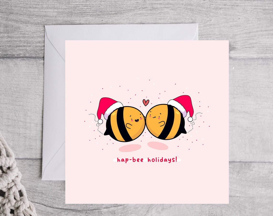 Kawaii Bee Holiday Pun Poster with Hap Bee Holidays Santa Hats - Image 2