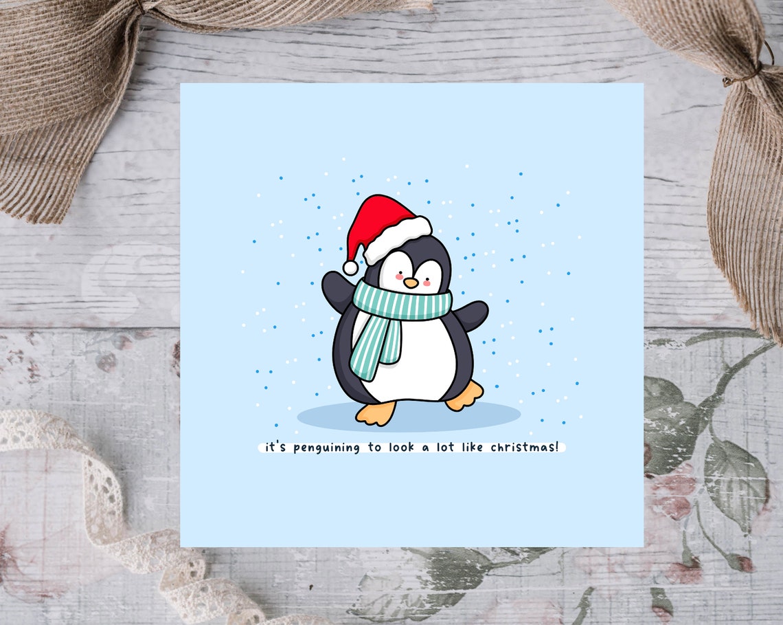 Penguin Santa Hat Its Penguining Christmas Pun Card Wall Art - Image 2