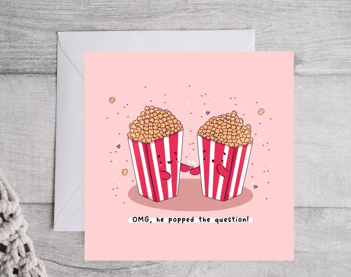 Popcorn Couple Popped the Question Engagement Card Cute Print - Image 3
