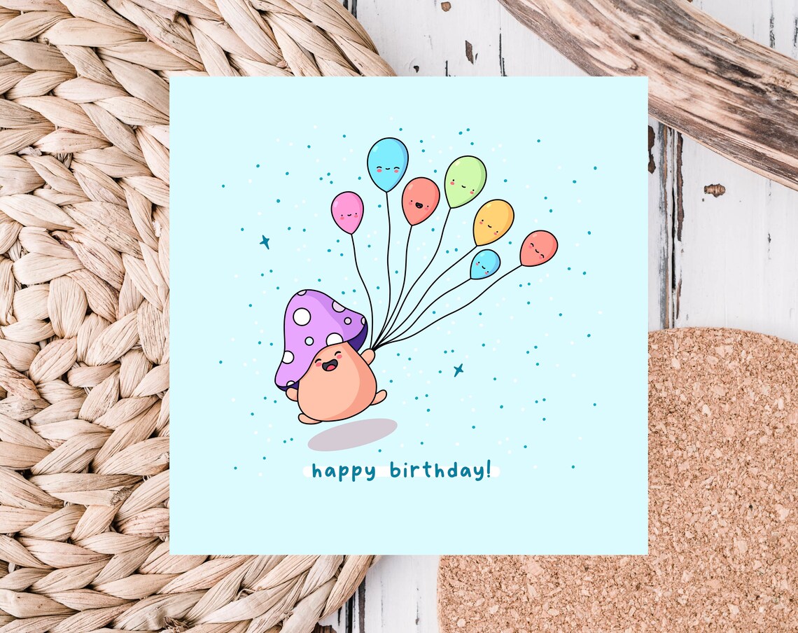 Cute Kawaii Mushroom Holding Balloons Happy Birthday Art Print - Image 2