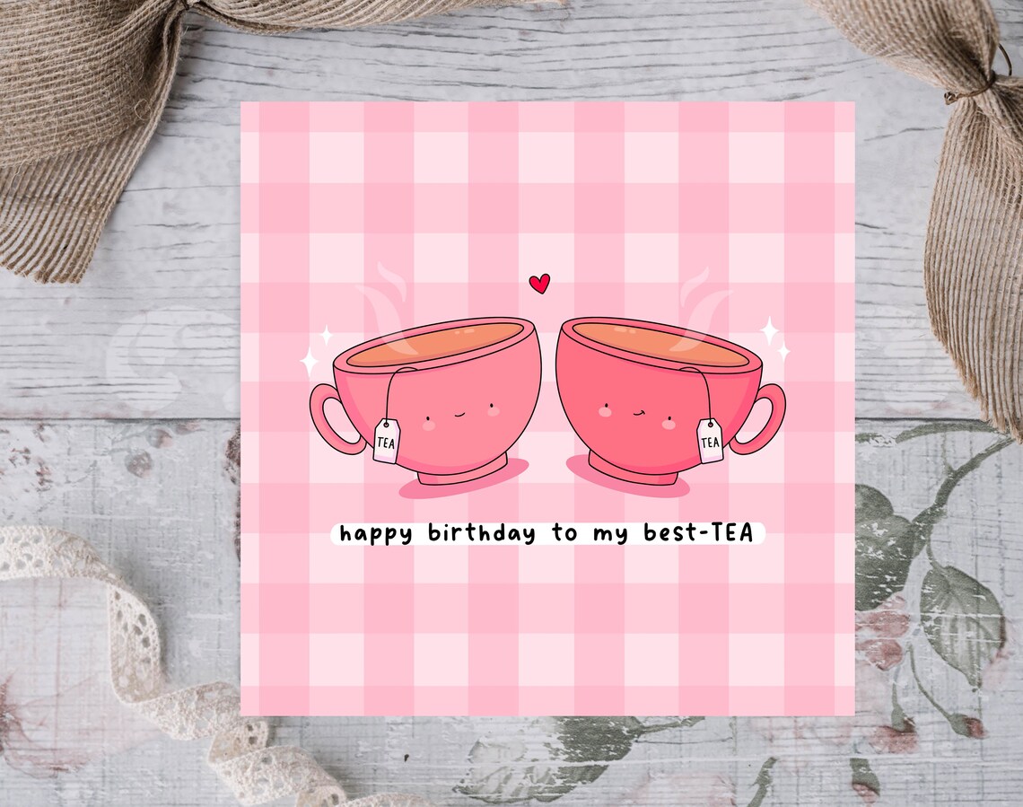 Kawaii Happy Birthday to My Best-TEA Pink Teacups Pun Art Print - Image 3