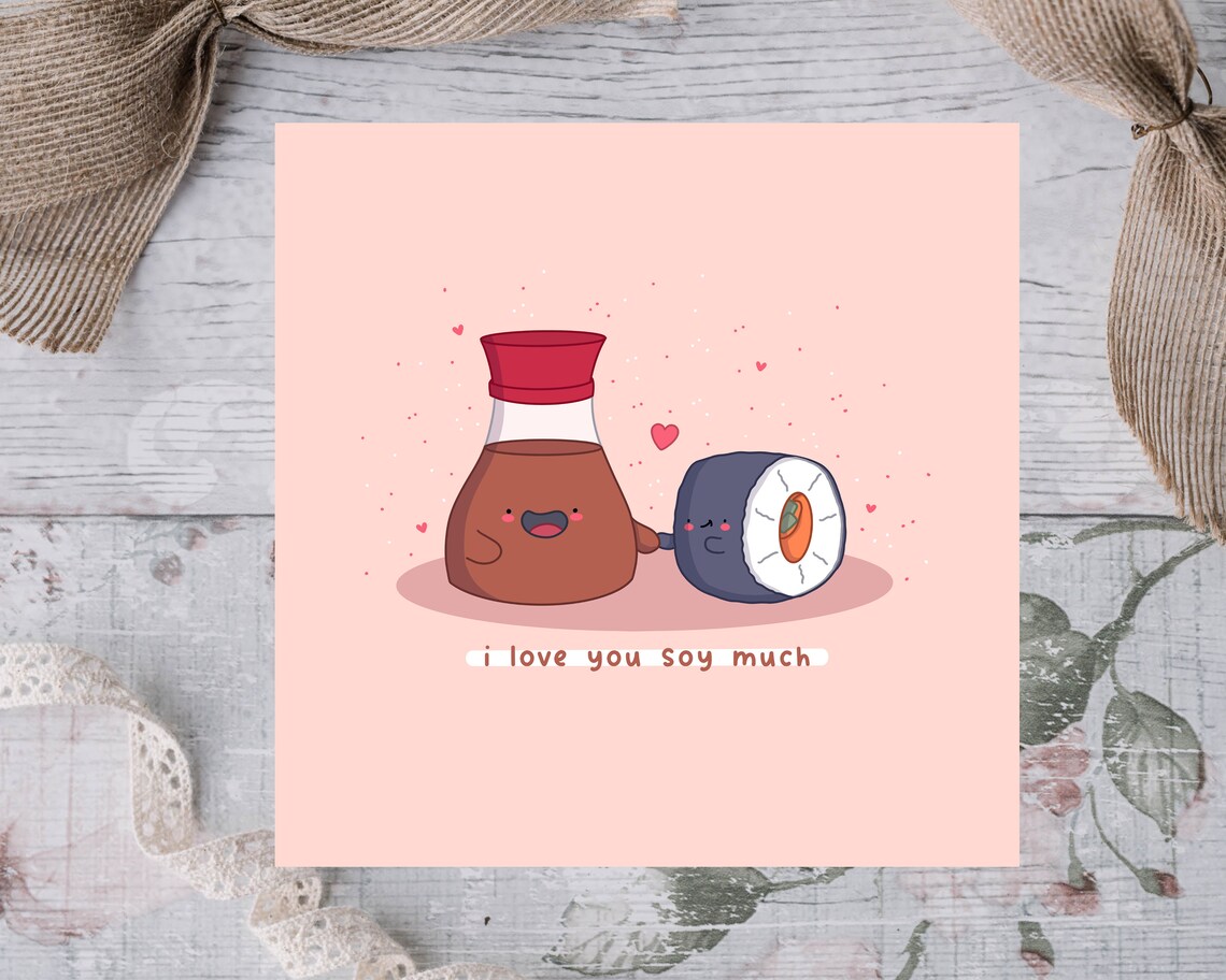 Cute Soy Sauce and Sushi Roll I Love You Soy Much Card Print - Image 4