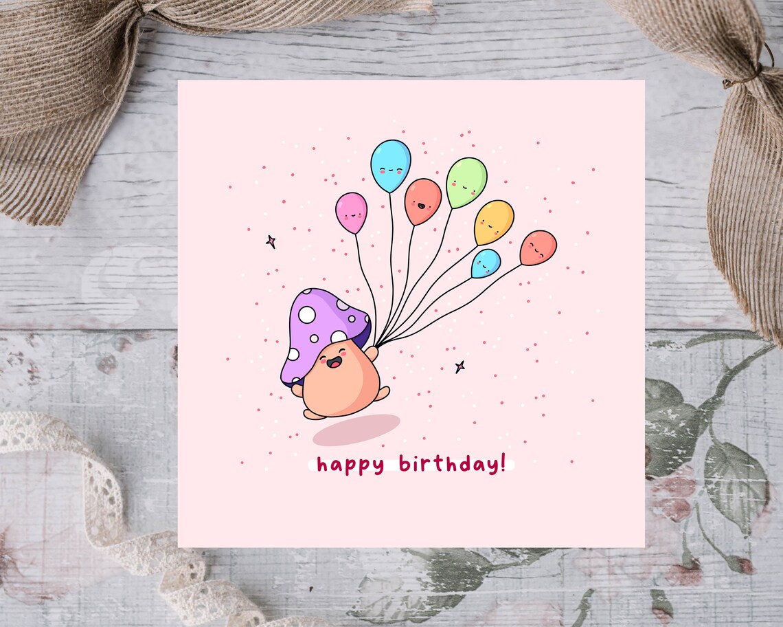 Kawaii Mushroom Holding Balloons Happy Birthday Pink Art Print - Image 2