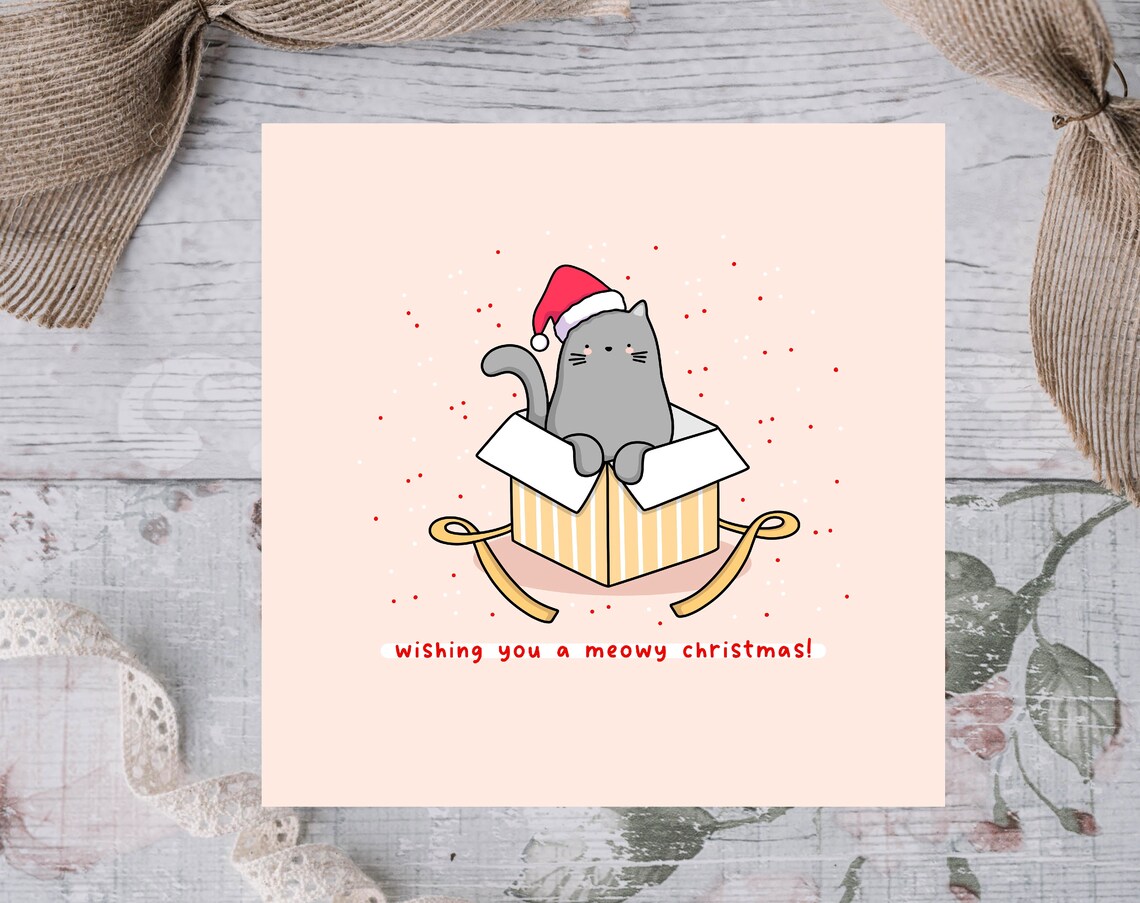 Wishing You A Meowy Christmas Cute Cat Gift Illustrated Card Print - Image 4