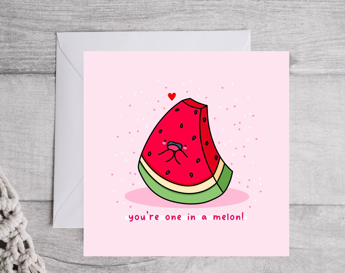 Kawaii Watermelon Slice One In A Melon Punny Love Card Art Print - Image 3
