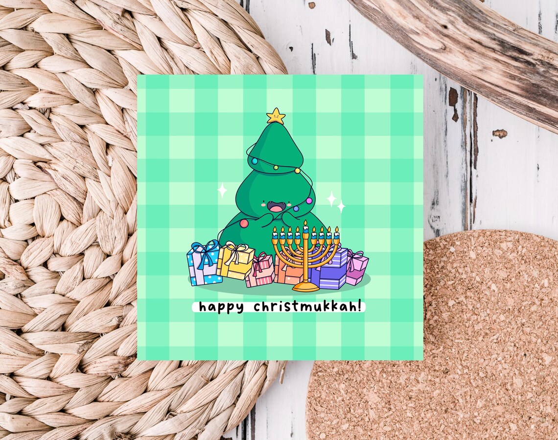 Kawaii Christmukkah Poster with Christmas Tree Menorah and Gifts - Image 4