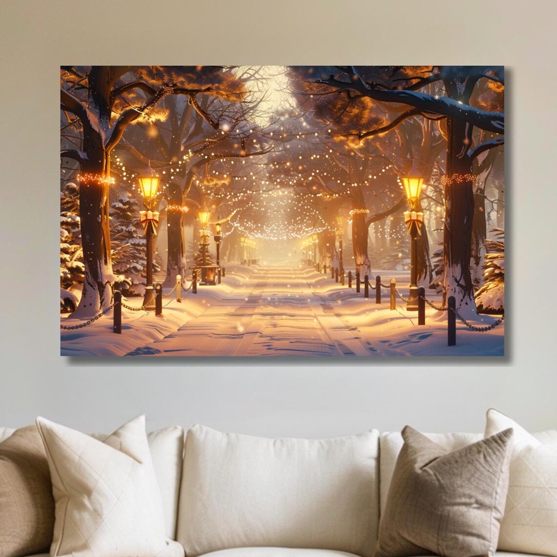 Snowy Winter Avenue Glowing Lampposts Warm Holiday Lights Poster