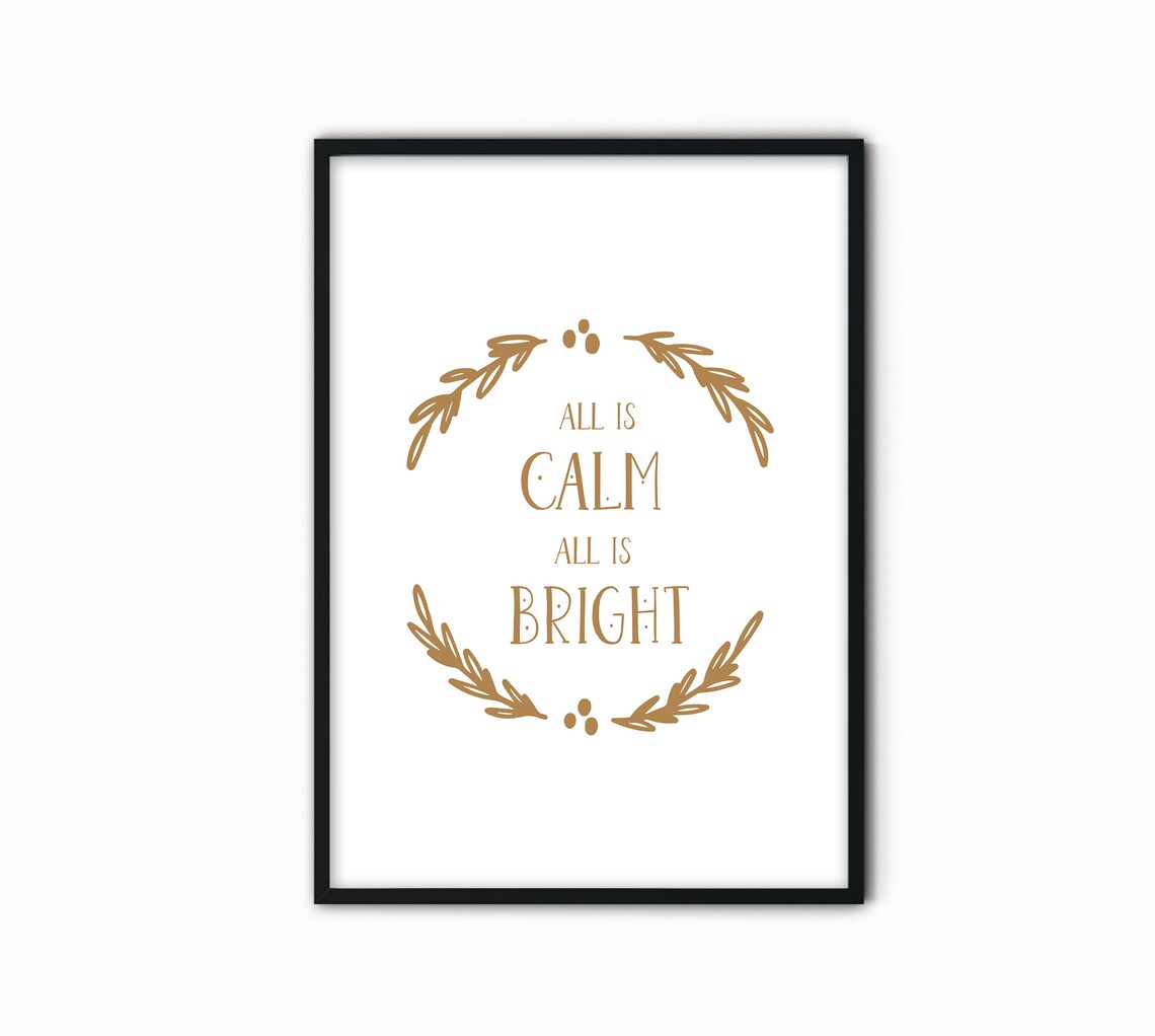 All Is Calm All Is Bright Warm Gold Wreath Typography Holiday Art Print - Image 2