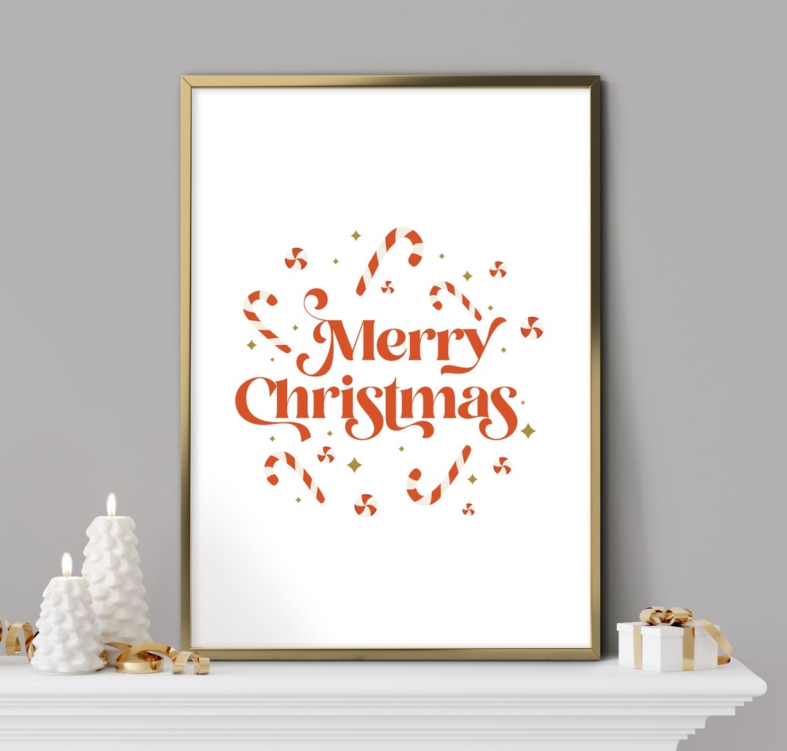 Merry Christmas Red Script with Candy Canes Holiday Wall Art