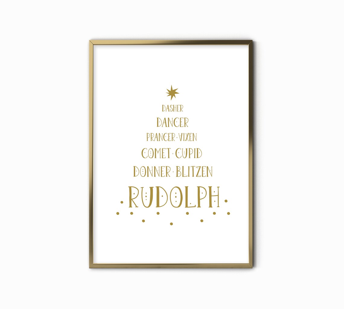 Reindeer Names Dasher to Rudolph Christmas Tree Typography Gold Art Print