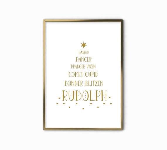 Reindeer Names Dasher to Rudolph Christmas Tree Typography Gold Art Print