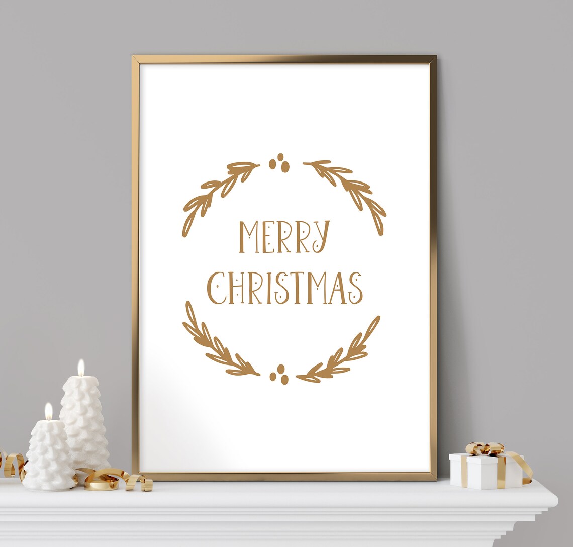 Merry Christmas in All Gold Laurel Wreath Elegant Quote Art Print - Image 2