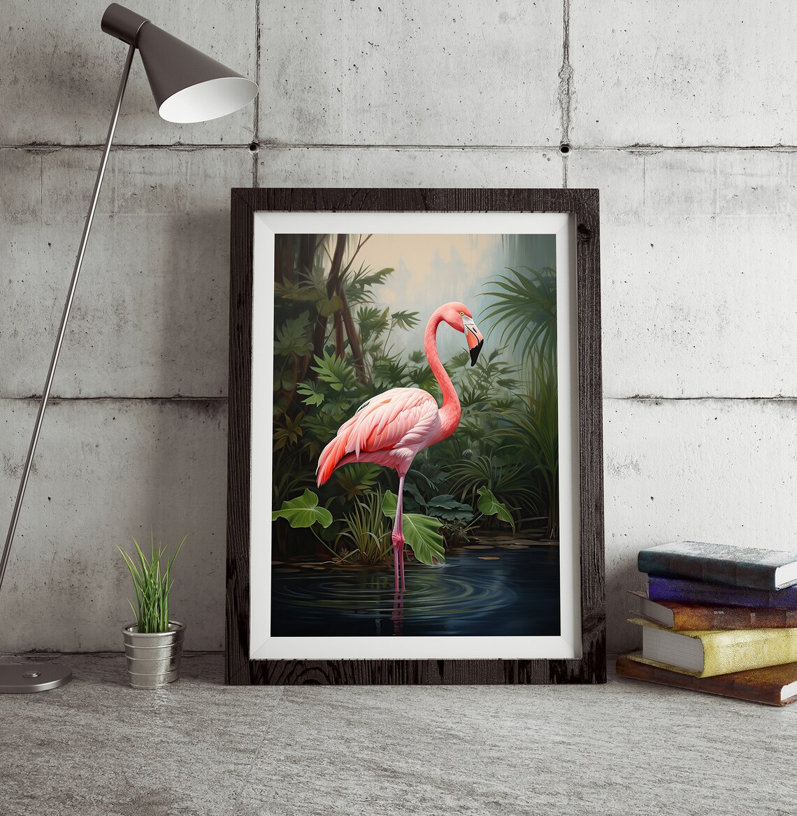 Wild Pink Flamingo Dark Jungle Water Vintage Tropical Bird Print