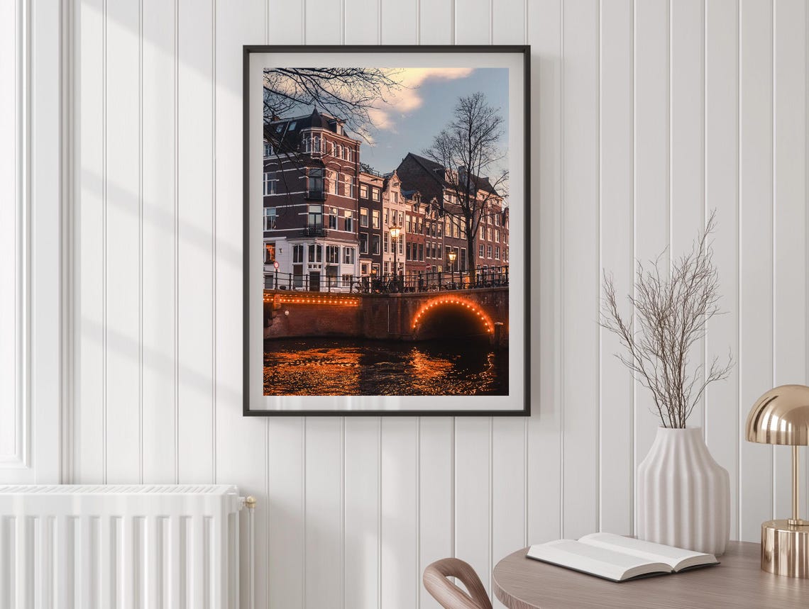 Amsterdam Netherlands Canal Bridge Glowing At Dusk Photo Poster - Image 3