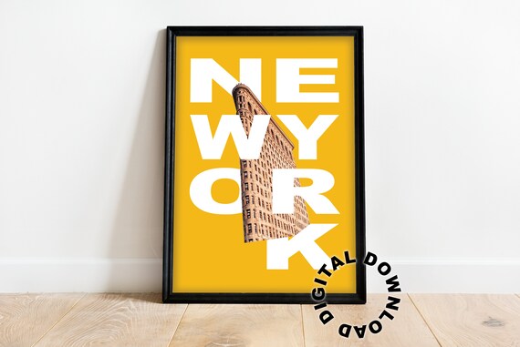 Bold New York Typography Poster With Flatiron Building On Yellow
