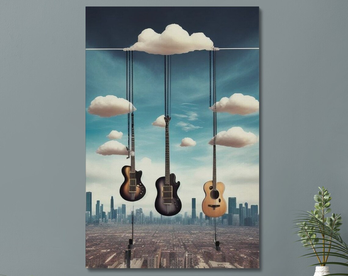 Three Hanging Guitars Floating Cloud City Skyline Surreal Music Poster
