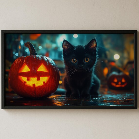 Black Kitten Jack O Lantern Spooky Halloween Night Art Poster