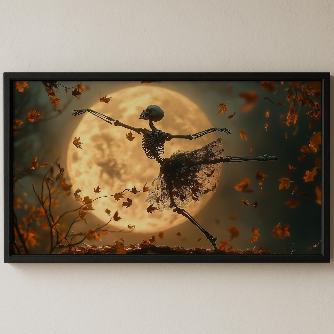 Spooky Skeleton Ballerina Dancing Full Moon Halloween Art Print