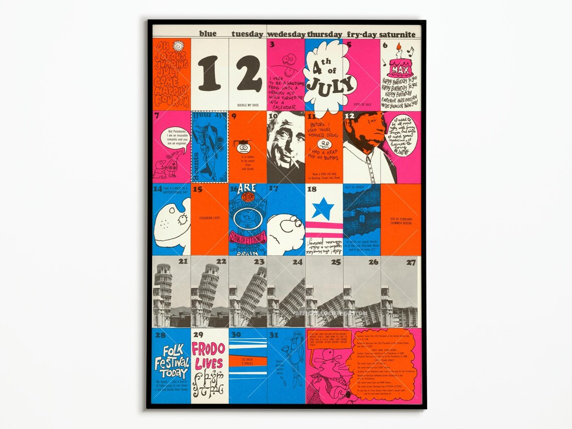 July Pop Collage Calendar Fourth of July Retro Psychedelic Art Poster
