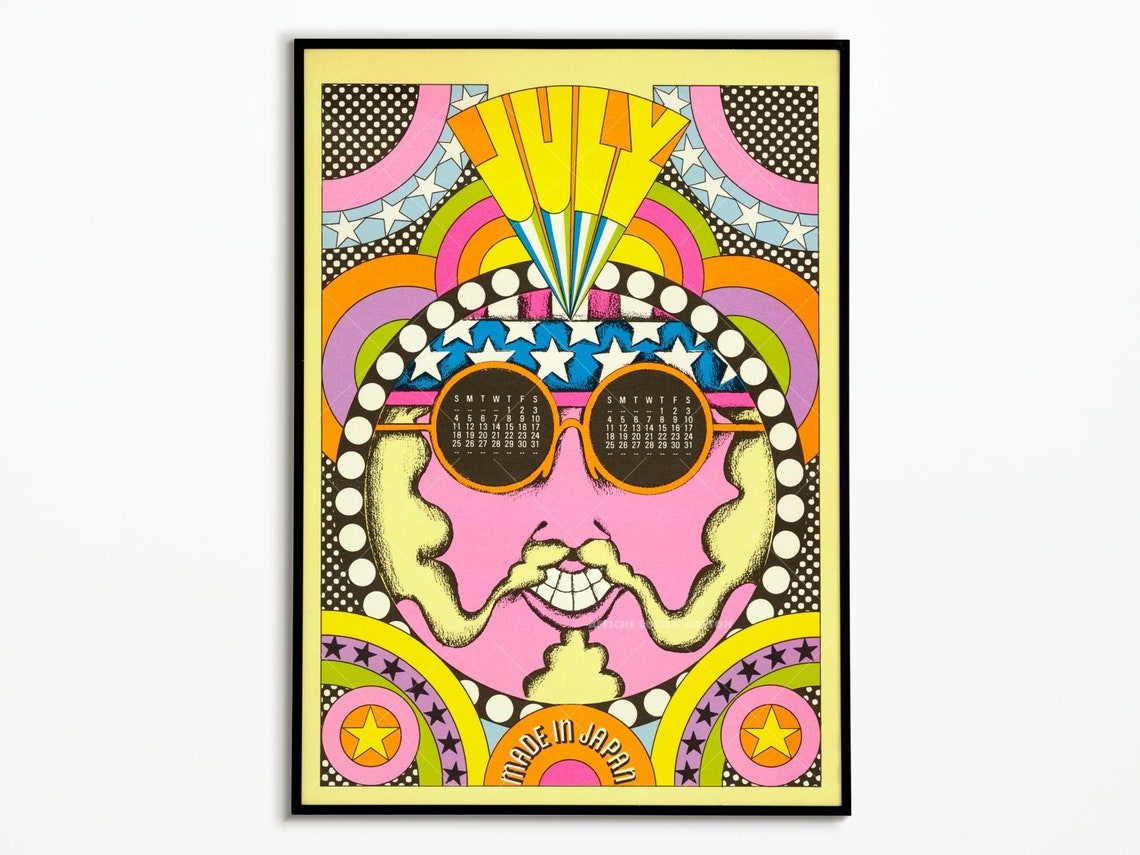 July Psychedelic Face Sunglasses Calendar Made in Japan Pop Art Poster