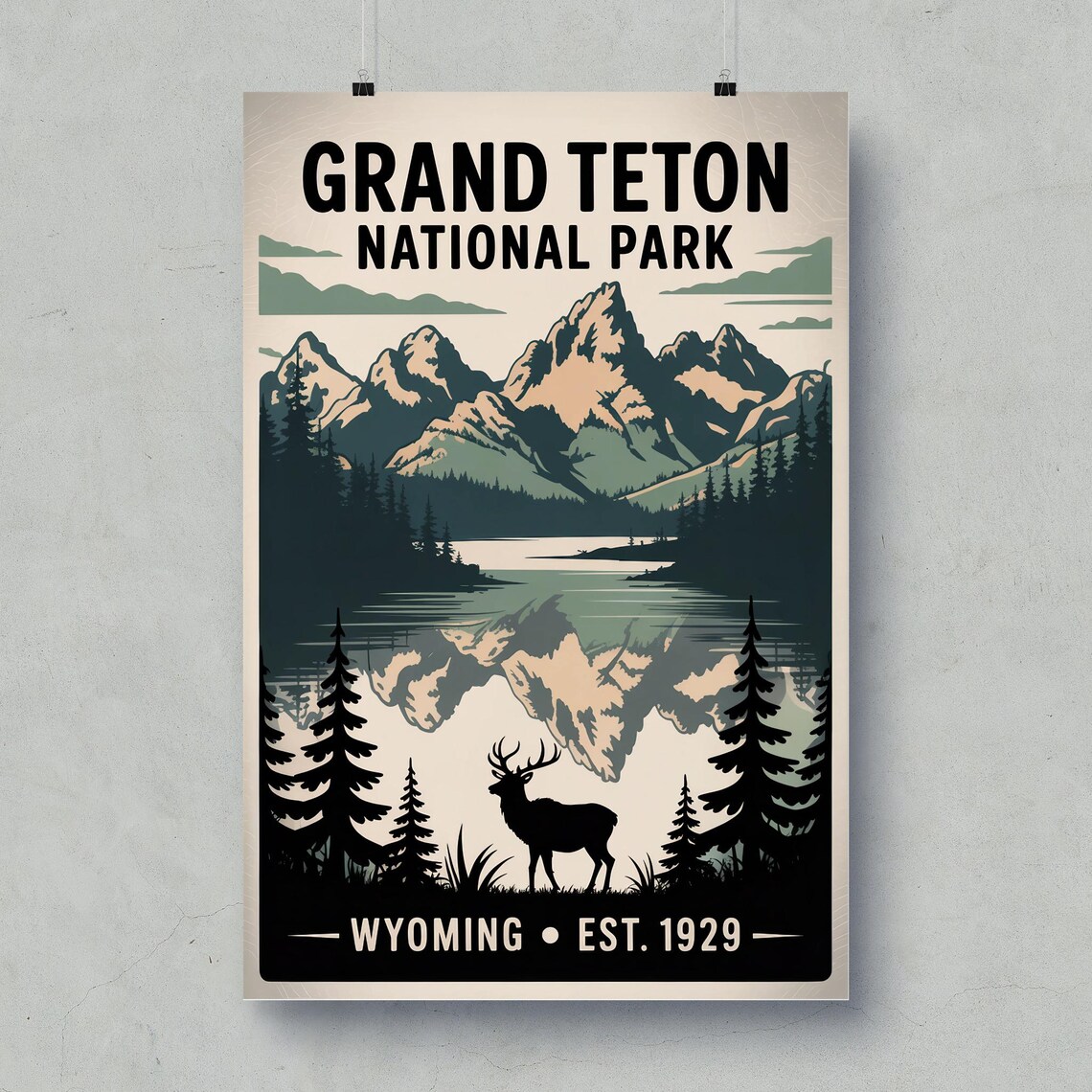 Grand Teton National Park Wyoming Retro Elk Mountain Travel Poster
