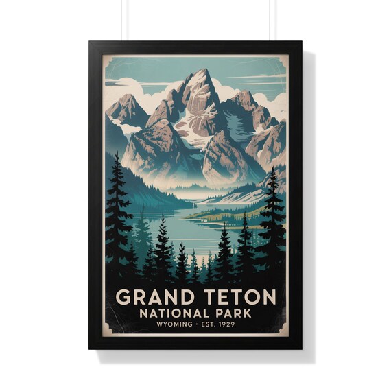 Grand Teton National Park Wyoming Peaks Lake Retro Travel Poster