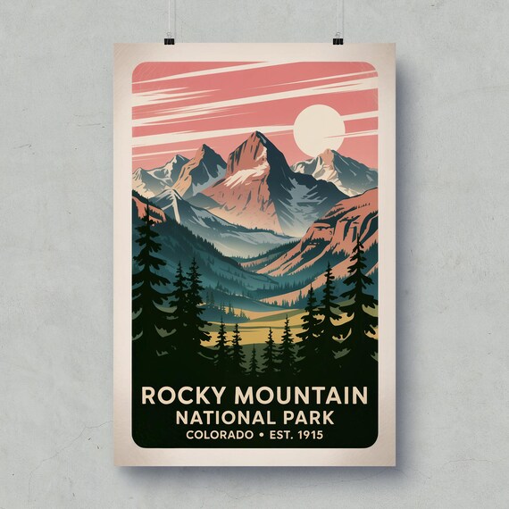 Rocky Mountain National Park Colorado Sunset Peaks Vintage Poster