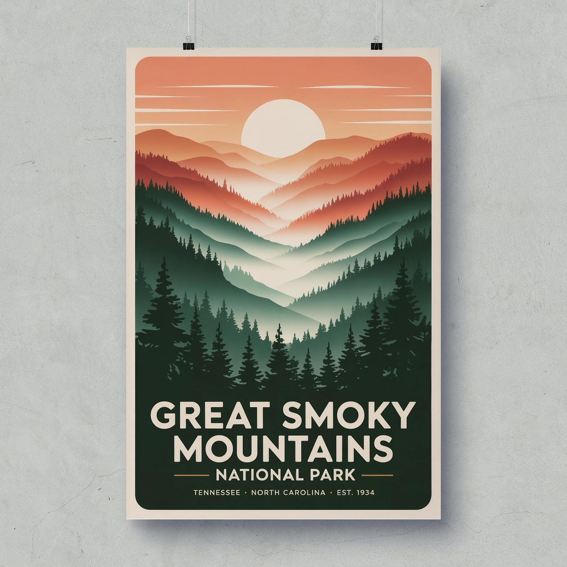 Great Smoky Mountains National Park Retro Sunset Travel Poster